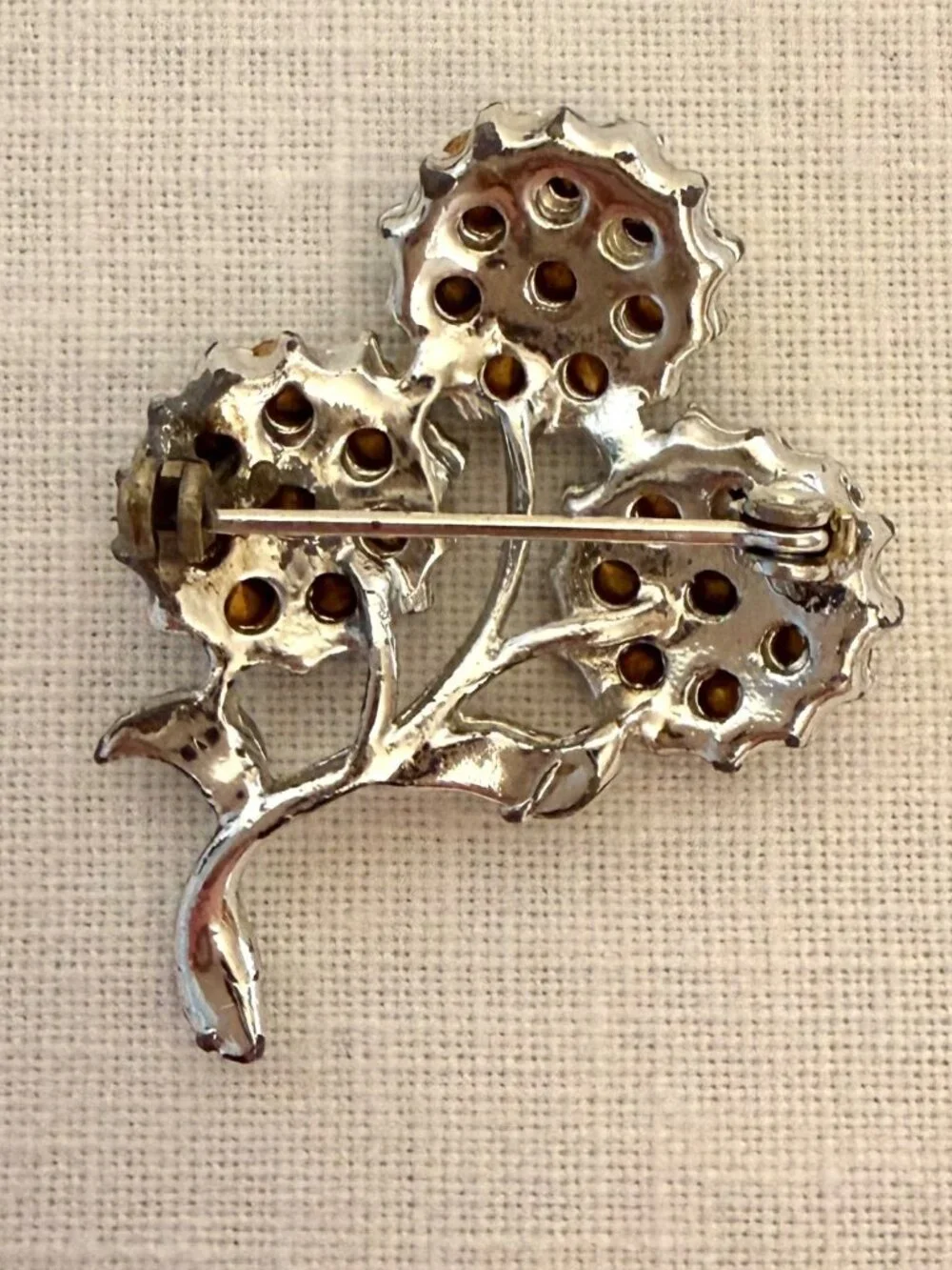 Vintage Silver Tone Rhinestone Flower Brooch Green Floral Pin 1960s